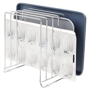 mdesign x-large steel storage tray organizer rack for kitchen cabinet - divided holder with 5 slots for skillets, frying pan, pot lids, cutting board, baking sheets - concerto collection - chrome 7.2 inch d x 9.4 inch w x 10.9 inch h