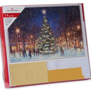 American Greetings Bulk Boxed Christmas Cards Premium City Street Scene Gold Foil-Lined White Envelopes, 14 Pack, One Size, Multicolored
