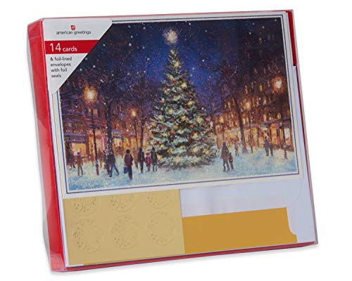 American Greetings Bulk Boxed Christmas Cards Premium City Street Scene Gold Foil-Lined White Envelopes, 14 Pack, One Size, Multicolored