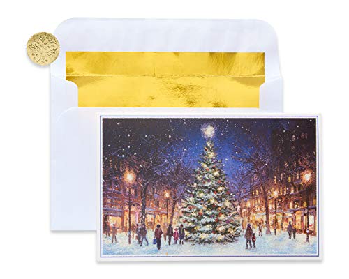 American Greetings Bulk Boxed Christmas Cards Premium City Street Scene Gold Foil-Lined White Envelopes, 14 Pack, One Size, Multicolored