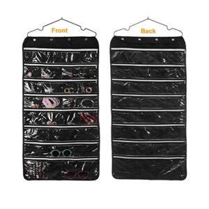 56 pockets large zippered dual sided jewelry hanging organizer necklace earrings bracelets rings accessories storage bag wall mounted door cabinet hanger holder clear pouch display foldable for travel