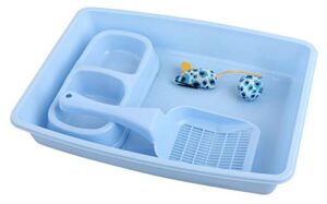 pawise kitty litter box set includes 4-pieces - shallow cat litter pan, cat litter scooper, cat bowls, cat mouse toy, 14.5x10.5 inches, blue