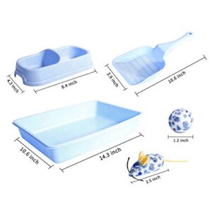 PAWISE Kitty Litter Box Set Includes 4-Pieces - Shallow Cat Litter Pan, Cat Litter Scooper, Cat Bowls, Cat Mouse Toy, 14.5x10.5 Inches, Blue