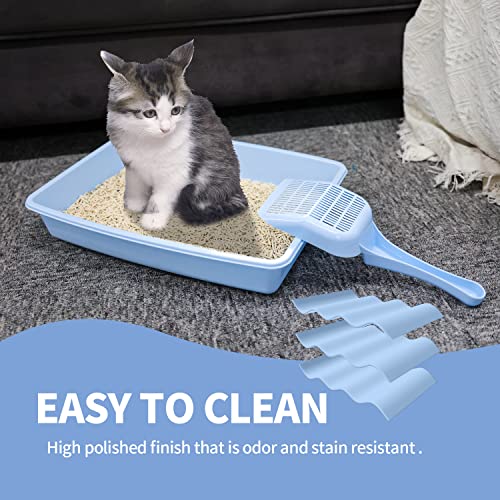 PAWISE Kitty Litter Box Set Includes 4-Pieces - Shallow Cat Litter Pan, Cat Litter Scooper, Cat Bowls, Cat Mouse Toy, 14.5x10.5 Inches, Blue