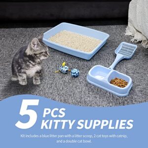 PAWISE Kitty Litter Box Set Includes 4-Pieces - Shallow Cat Litter Pan, Cat Litter Scooper, Cat Bowls, Cat Mouse Toy, 14.5x10.5 Inches, Blue