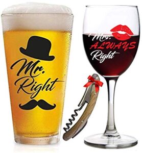 funny wedding gifts | mr. right and mrs. always right glasses beer & wine glass | for engagement, gifts for couples, anniversary, newlyweds, bridal shower, bachelorette, valentines day, couples unique