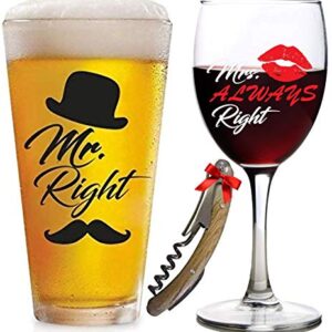 Funny Wedding Gifts | Mr. Right and Mrs. Always Right Glasses Beer & Wine Glass | For Engagement, Gifts for Couples, Anniversary, Newlyweds, Bridal Shower, Bachelorette, Valentines Day, Couples Unique