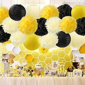 HappyField Honey and Bee Baby Shower Decorations Yellow Cream Black Tissue Paper Pom Poms Flower Paper Lanterns for Honey Bee Birthday Party Wedding Bridal Shower Outdoor Decoration 18Pcs Mixed 8" 10"