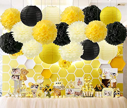 HappyField Honey and Bee Baby Shower Decorations Yellow Cream Black Tissue Paper Pom Poms Flower Paper Lanterns for Honey Bee Birthday Party Wedding Bridal Shower Outdoor Decoration 18Pcs Mixed 8" 10"