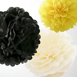 HappyField Honey and Bee Baby Shower Decorations Yellow Cream Black Tissue Paper Pom Poms Flower Paper Lanterns for Honey Bee Birthday Party Wedding Bridal Shower Outdoor Decoration 18Pcs Mixed 8" 10"