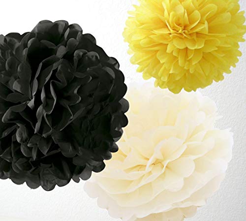 HappyField Honey and Bee Baby Shower Decorations Yellow Cream Black Tissue Paper Pom Poms Flower Paper Lanterns for Honey Bee Birthday Party Wedding Bridal Shower Outdoor Decoration 18Pcs Mixed 8" 10"