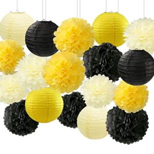 HappyField Honey and Bee Baby Shower Decorations Yellow Cream Black Tissue Paper Pom Poms Flower Paper Lanterns for Honey Bee Birthday Party Wedding Bridal Shower Outdoor Decoration 18Pcs Mixed 8" 10"
