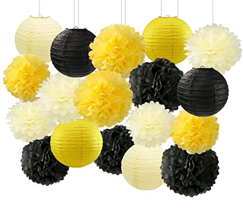 HappyField Honey and Bee Baby Shower Decorations Yellow Cream Black Tissue Paper Pom Poms Flower Paper Lanterns for Honey Bee Birthday Party Wedding Bridal Shower Outdoor Decoration 18Pcs Mixed 8" 10"