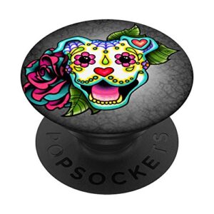 smiling pitbull in white - day of the dead sugar skull dog popsockets popgrip: swappable grip for phones & tablets