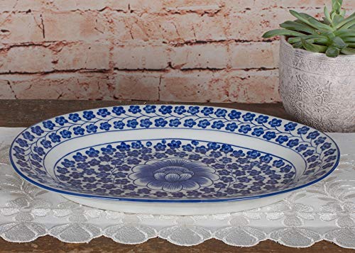 Sea Island Imports Elegant Porcelain Serving Platter with Blue and White Hand Painted Coriander Pattern