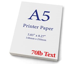 premium a5 (8.3"x 5.83") printer paper - 70lb text / 28lb bond (105 gsm) bright white paper (250 sheets)