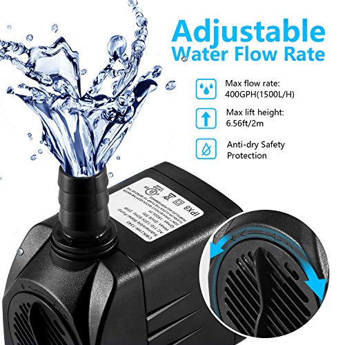 CWKJ Fountain Pump, 400GPH Submersible Water Pump, Durable 25W Outdoor Fountain Water Pump with 6.5ft Power Cord, 3 Nozzles for Aquarium, Pond, Fish Tank, Water Pump Hydroponics, Backyard Fountain