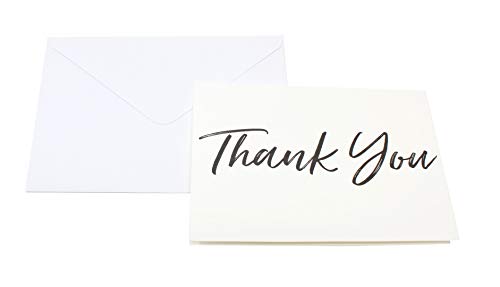 Thank You Cards and Envelopes Black Font White Card Stock - Bulk Box Set of 100 Notes For Weddings Graduations Baby Showers Birthdays