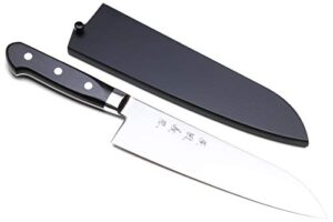 yoshihiro high speed steel santoku multipurpose chefs knife (black pakkawood handle) (7'' (180mm) & saya)