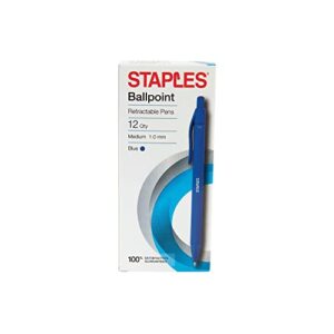 staples 2072155 aura retractable ballpoint pens medium point blue ink dozen (29089)