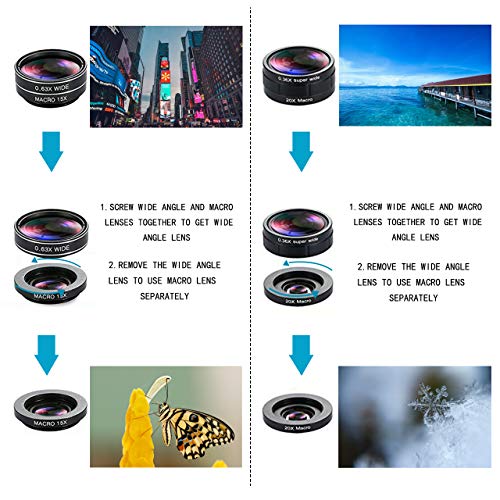 KEYWING Phone Lens Kit 9 in 1 Phone Camera Lens, Zoom Lens+198° Fisheye +0.35X Super Wide-Angle + 20X Macro Lens + 0.63X Wide Lens + CPL +Kaleidoscope Lens +Starburst for iPhone Samsung Android