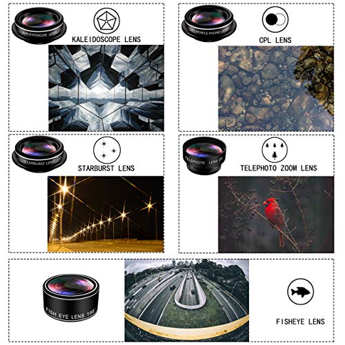 KEYWING Phone Lens Kit 9 in 1 Phone Camera Lens, Zoom Lens+198° Fisheye +0.35X Super Wide-Angle + 20X Macro Lens + 0.63X Wide Lens + CPL +Kaleidoscope Lens +Starburst for iPhone Samsung Android