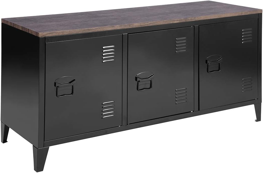 FurnitureR Office File Storage Console Cupboard Metal Cabinet 3 Door Cupboard Locker Organizer with Walnut MDF Top Black Metal Frame