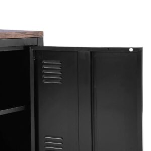 FurnitureR Office File Storage Console Cupboard Metal Cabinet 3 Door Cupboard Locker Organizer with Walnut MDF Top Black Metal Frame