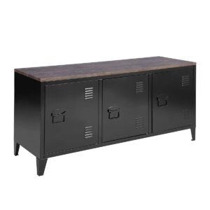 FurnitureR Office File Storage Console Cupboard Metal Cabinet 3 Door Cupboard Locker Organizer with Walnut MDF Top Black Metal Frame