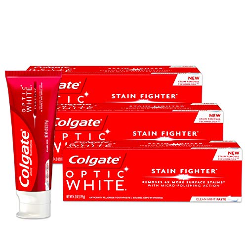 Colgate Optic White Stain Fighter Anticavity Fluoride Toothpaste, Clean Mint Paste, 4.2 Ounces (Pack of 3)