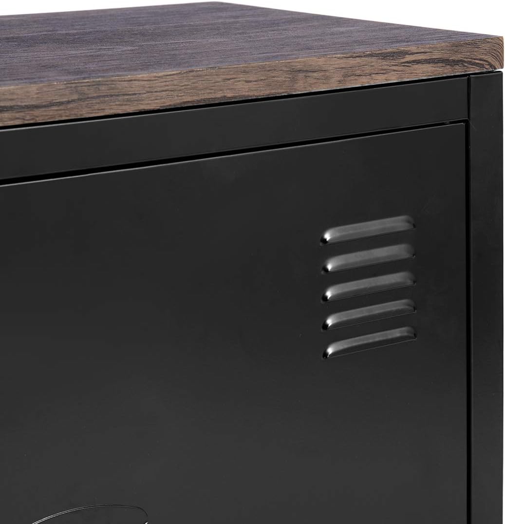 FurnitureR Office File Storage Console Cupboard Metal Cabinet 3 Door Cupboard Locker Organizer with Walnut MDF Top Black Metal Frame