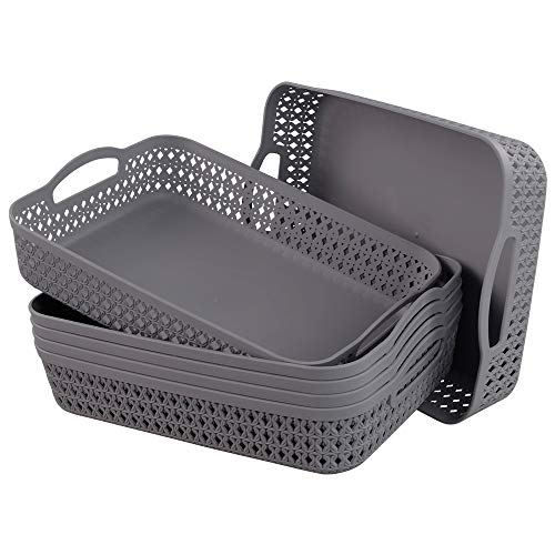 Kekow Plastic Storage Tray Basket with Handle, Set of 6, 13.22" x 10.23" x 2.95", Gray