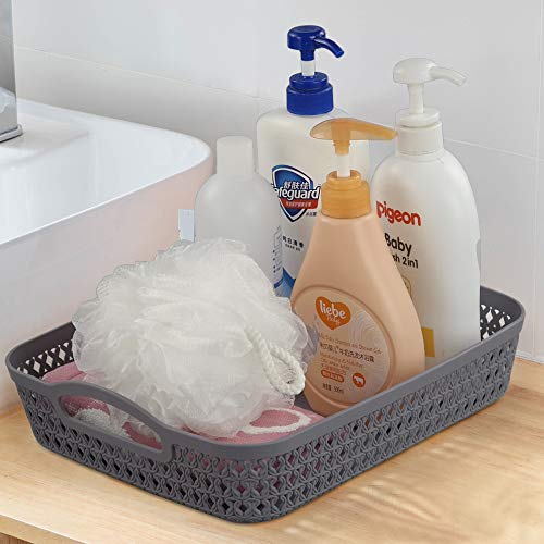 Kekow Plastic Storage Tray Basket with Handle, Set of 6, 13.22" x 10.23" x 2.95", Gray