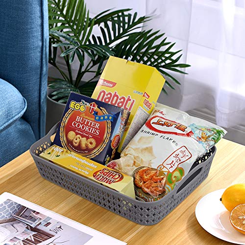 Kekow Plastic Storage Tray Basket with Handle, Set of 6, 13.22" x 10.23" x 2.95", Gray