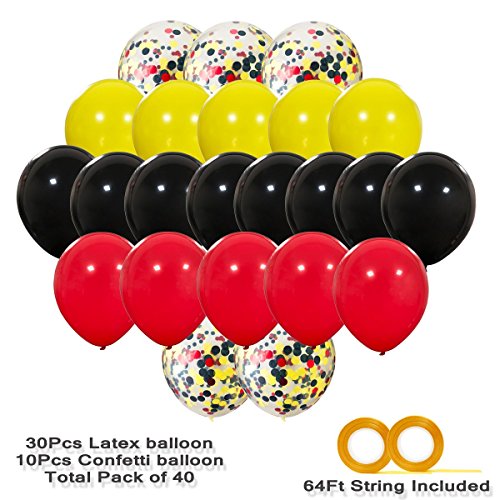 Mouse Color Balloons 40 Pack, 12 Inch Red Black Yellow Latex Balloons with Confetti Balloon for Baby Shower Birthday Party Decorations Supplies with Ribbon