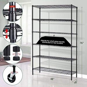 Storage Metal Shelf Wire Shelving Unit with Wheels 82"x48"x18" Sturdy Steel Heavy Duty 6 Tier Layer Rack with Casters for Restaurant Garage Pantry Kitchen Garage Rack Black