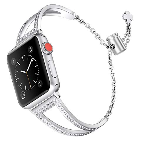 Secbolt Bling Bands Compatible with Apple Watch Band 38mm 40mm 41mm iWatch Series 8/7/6/5/4/3/2/1/SE, Women Dressy Metal Jewelry Bracelet Bangle Wristband Stainless Steel, Silver