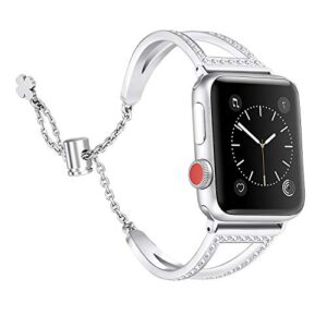 Secbolt Bling Bands Compatible with Apple Watch Band 38mm 40mm 41mm iWatch Series 8/7/6/5/4/3/2/1/SE, Women Dressy Metal Jewelry Bracelet Bangle Wristband Stainless Steel, Silver