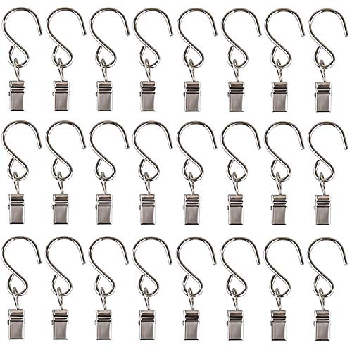 Oubest 50 Pcs S Hook with Clip for Hanging Halloween/Christmas/Party Ornaments-Curtain Clips/String Lights Hangers -Heavy-Duty Nickel-Plated Steel for Indoor/Outdoor Utility & Decor