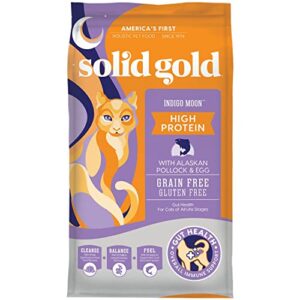 solid gold high protein dry cat food - indigo moon cat dry food with digestive probiotics for cats - grain & gluten free with high fiber & omega 3 for cats - low carb superfood meal - pollock - 12lb