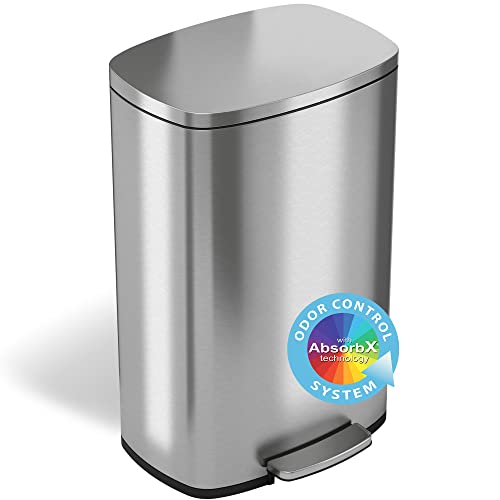 iTouchless SoftStep 13.2 Gallon Step Trash Can with Odor Filter & Removable Inner Bucket, 50 Liter Garbage Bin for Kitchen or Office, Silver 13 Gal Stainless Steel