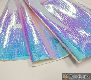 fabric empire vinyl upholstery embossed crocodile holographic glossy fabric light blue 54" wide sold by the yard