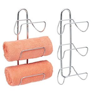 mdesign modern decorative metal 3-level wall mount towel rack holder and organizer for storage of bathroom towels, washcloths, hand towels - 2 pack - chrome