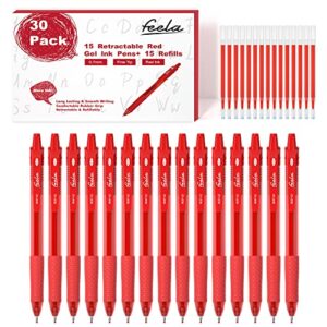 feela 30 Pack Retractable Red Ink Gel Pens Set Medium Point 15 Piece Fine Point Gel Pen with 15 Refills for Smooth Writing