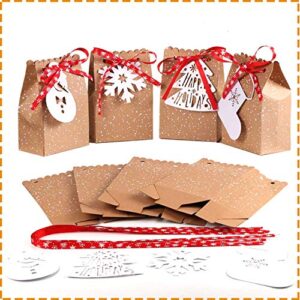 ourwarm 24pcs christmas gift bags assortment kraft paper favor bags with holiday gift tags for christmas party supplies, 5 x 3 x 7 inch christmas goodies bags