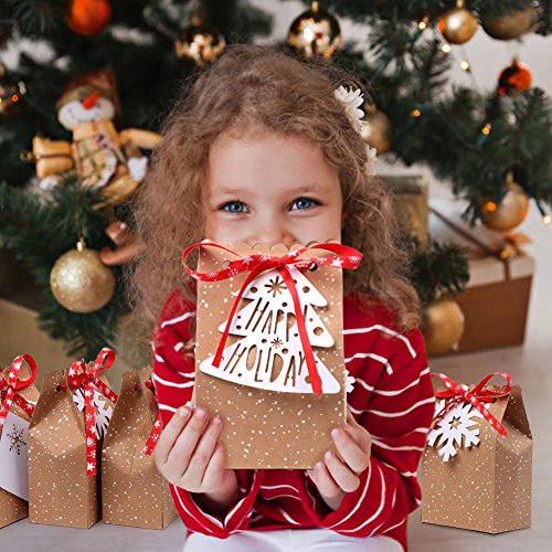 OurWarm 24pcs Christmas Gift Bags Assortment Kraft Paper Favor Bags with Holiday Gift Tags for Christmas Party Supplies, 5 x 3 x 7 Inch Christmas Goodies Bags