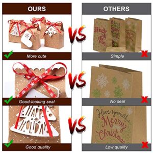 OurWarm 24pcs Christmas Gift Bags Assortment Kraft Paper Favor Bags with Holiday Gift Tags for Christmas Party Supplies, 5 x 3 x 7 Inch Christmas Goodies Bags