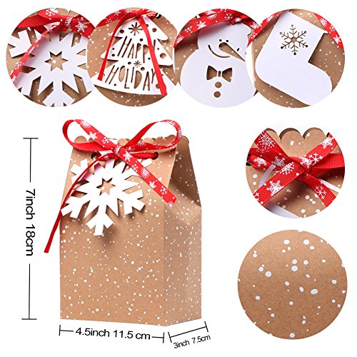 OurWarm 24pcs Christmas Gift Bags Assortment Kraft Paper Favor Bags with Holiday Gift Tags for Christmas Party Supplies, 5 x 3 x 7 Inch Christmas Goodies Bags