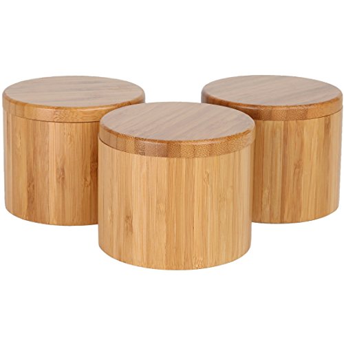Lily's Home Round Bamboo Jar, Salt and Spices Storage Containers, Small 6oz Salt Box With Magnetic Lock. Set of 3 Wood Boxes