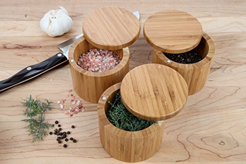 Lily's Home Round Bamboo Jar, Salt and Spices Storage Containers, Small 6oz Salt Box With Magnetic Lock. Set of 3 Wood Boxes